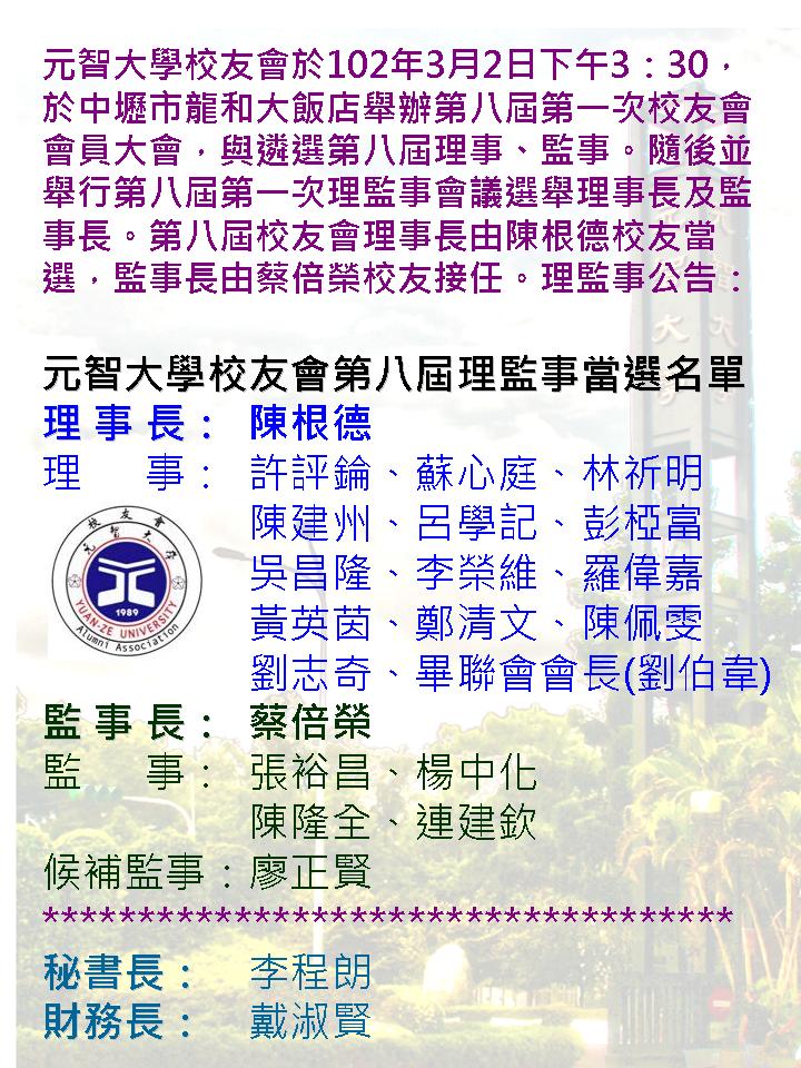 第八屆校友會當選理監事名單公佈
