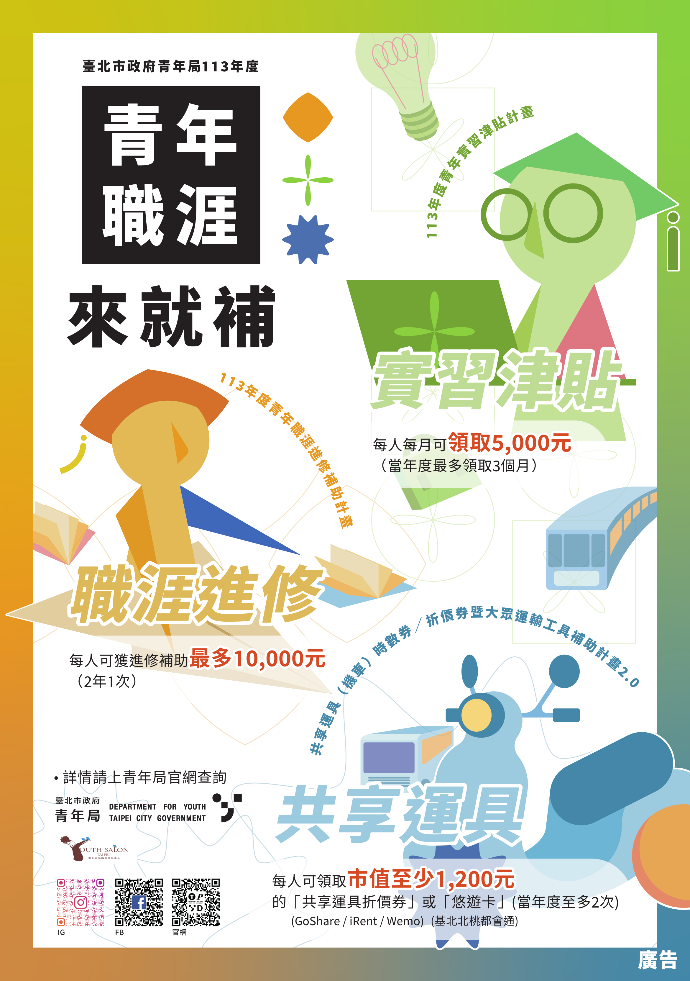 【諮就組公告】轉知臺北市政府青年局辦理「113年度青年職涯來就補」青年職涯3項補助計畫