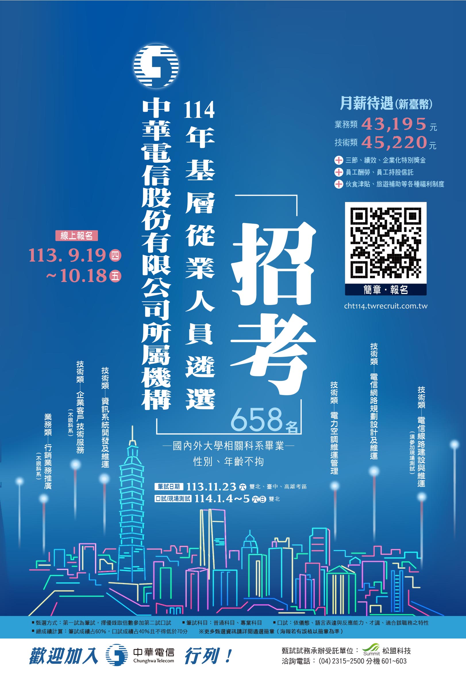 【諮就組公告】轉知「中華電信股份有限公司所屬機構 114年基層從業人員遴選」簡章暨招考訊息。''Announcement:Job Opening''