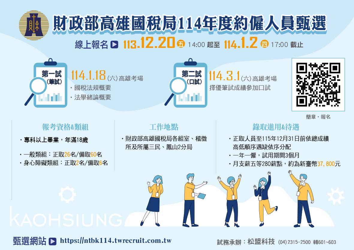 【諮就組公告】轉知「財政部高雄國稅局114年度約僱人員甄選」簡章暨 招考訊息
