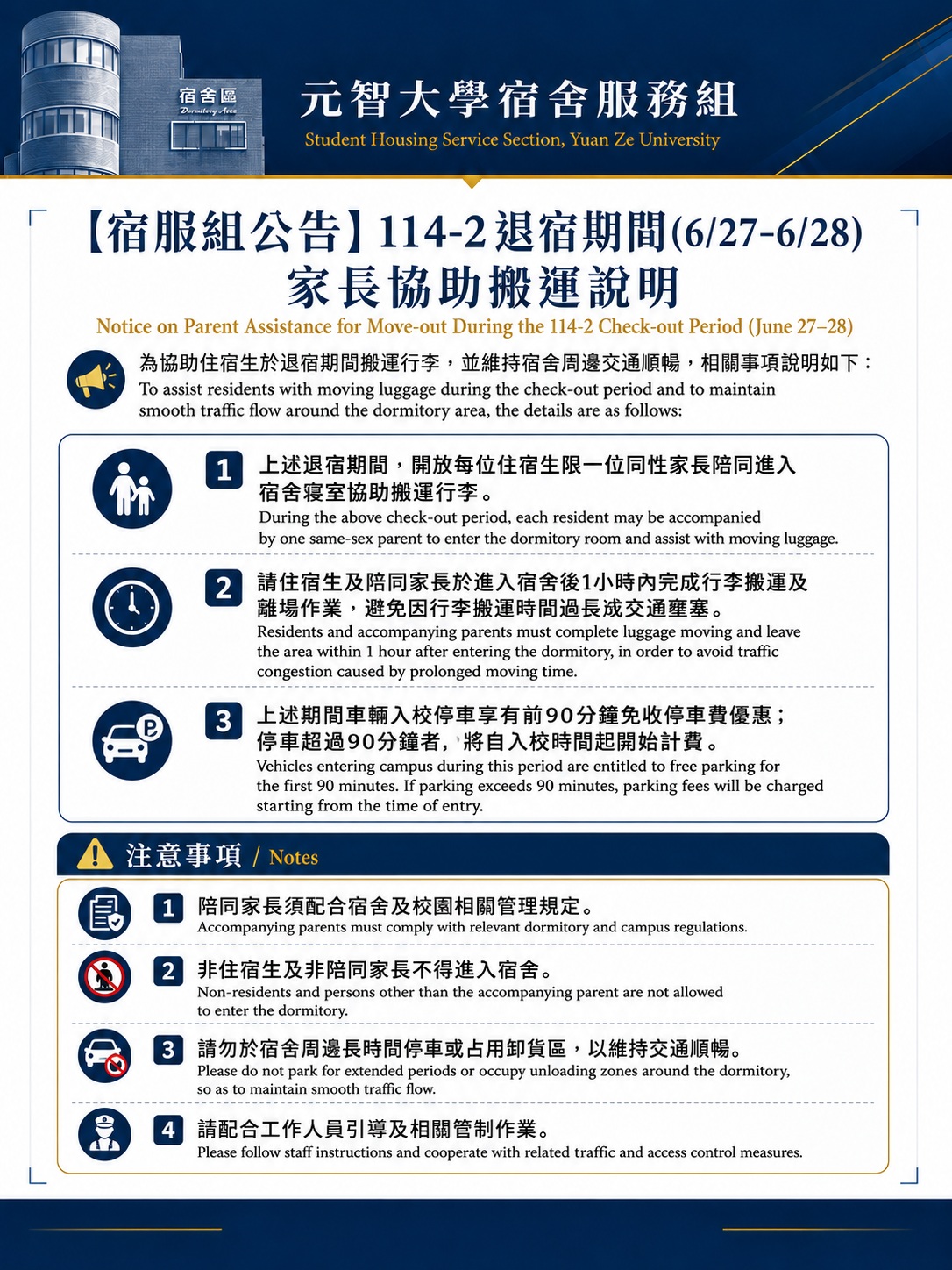 【宿服組公告】114-2退宿期間(6/27-28)家長協助搬運說明